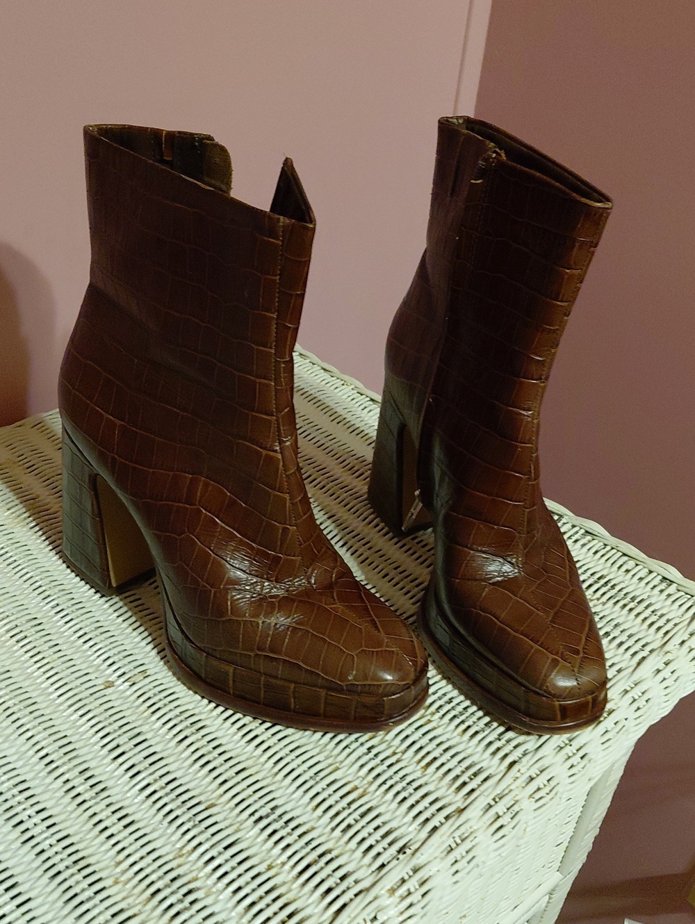 Dolce Vita Brown Croc-Embossed Block Heel Ankle Boots